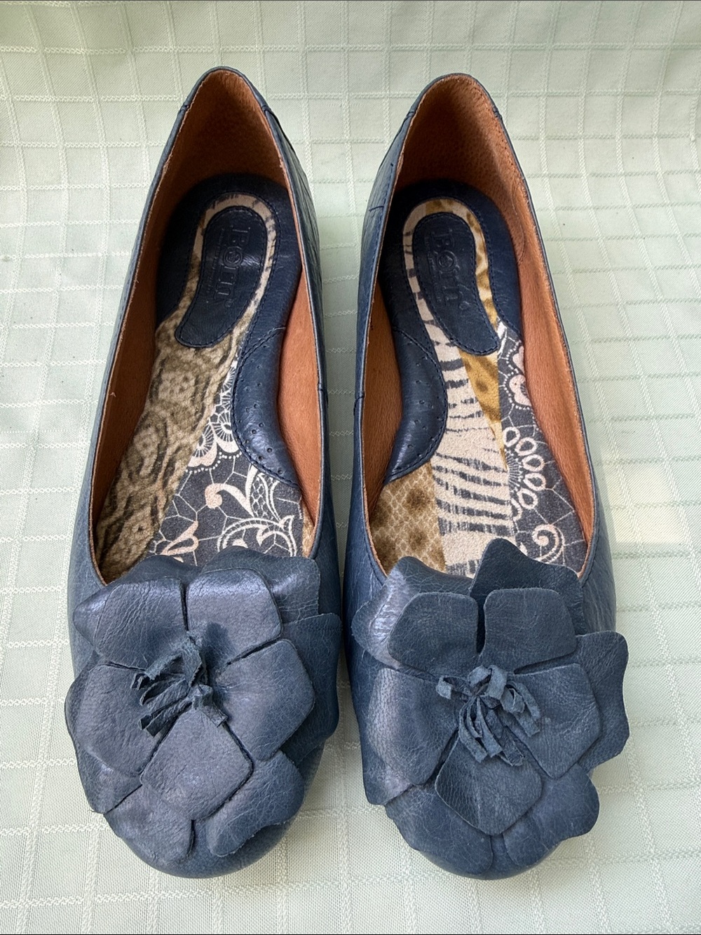Born Grayish Blue Leather Floral Appliqué Leather Flats